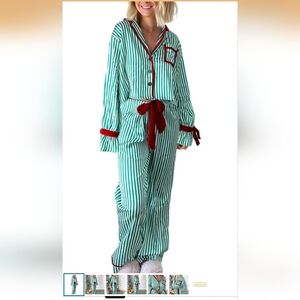 Green and Red Striped Christmas Polyester Pajama Set